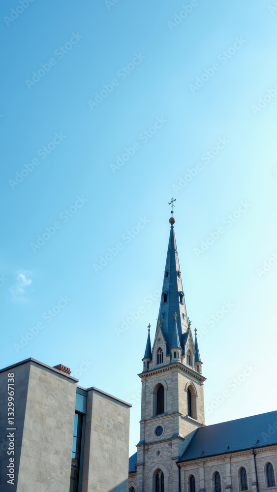 A Christian church with a tall steeple under a clear blue sky. A Christian church with a tall steeple under a clear blue sky.