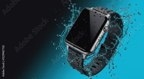 Waterproof Smartwatch with Dynamic Water Splash on Dark Background