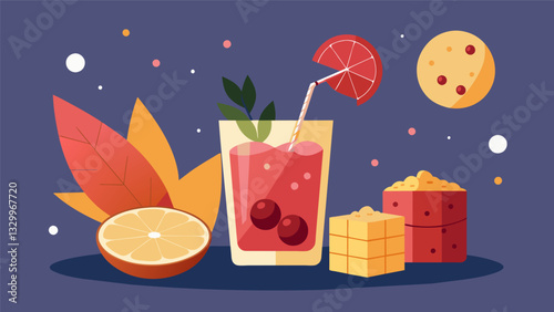 An elevated happy hour pairing featuring tangy cranberry goat cheese bites and a zesty Moscow mule tail.. Vector illustration