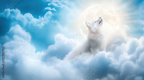 White wolf pup howling moonlit cloudscape fantasy photo