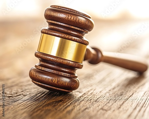 Wooden gavel on desk, used for judgement and law