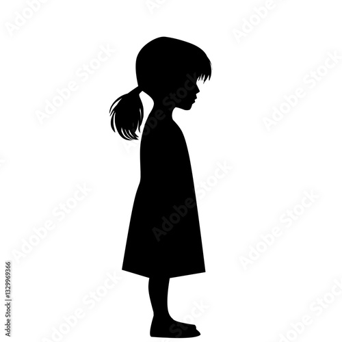 Silhouette of a little girl with a ponytail standing sideways. Charming and simple design suitable for children, family, parenting, and childhood themes. Vector illustration isolated on white backgrou