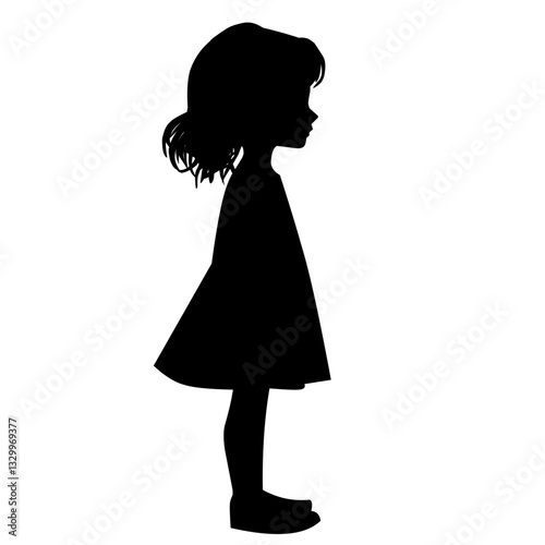 Silhouette of a little girl with curly hair wearing a dress. Ideal for children's themes, family projects, nursery decor, and childhood memories. Vector illustration on a white background