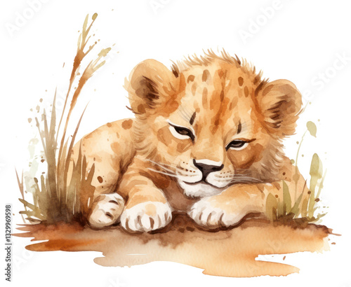 Fototapeta Naklejka Na Ścianę i Meble -  PNG Watercolor baby lion sleeping animal wildlife cartoon.