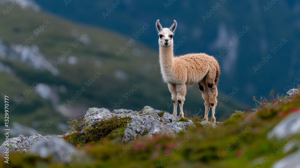 Fototapeta premium Lone guanaco standing on rocky terrain in a mountainous landscape