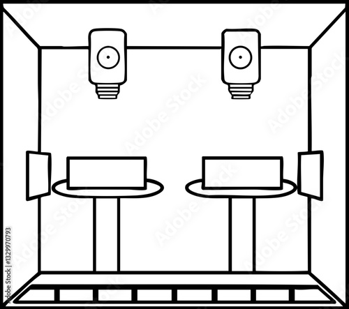A simple line drawing of a room featuring two stands with rectangular blocks and two light fixtures mounted above.