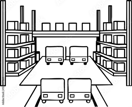 A simple black-and-white illustration of a warehouse with trucks and stacked boxes on shelves.