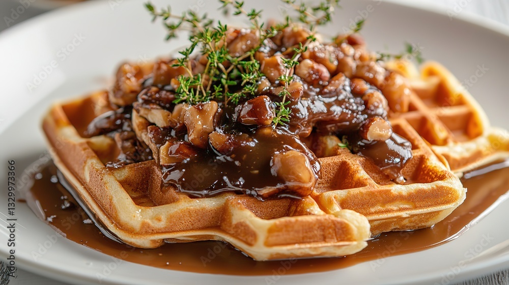 Appealing waffles on dark plates, drizzled with syrups and adorned with small round toppings and fresh herbs, making for a delightful and visually appealing treat. Appealing waffles on dark plates, drizzled with syrups and adorned with small round toppings and fresh herbs, making for a delightful and visually appealing treat.