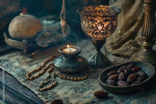Ramadan lamp, rosary and dates. Holidays decoration