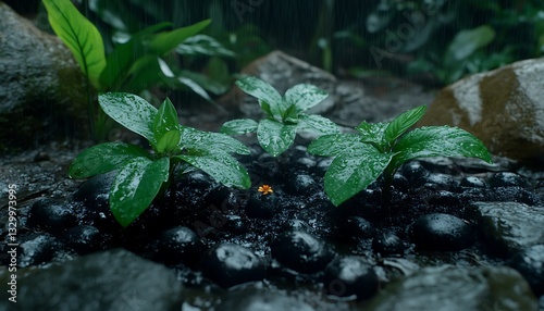 Wet plants growing in the wild forest, rain falling