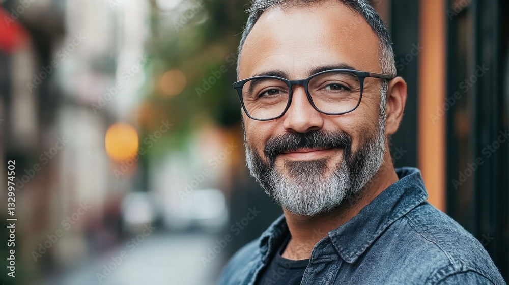 Portrait of happy mature man wearing spectacles and looking at camera outdoor. Man with beard and glasses feeling confident. Close up face of hispanic business man smiling. Portrait of happy mature man wearing spectacles and looking at camera outdoor. Man with beard and glasses feeling confident. Close up face of hispanic business man smiling.
