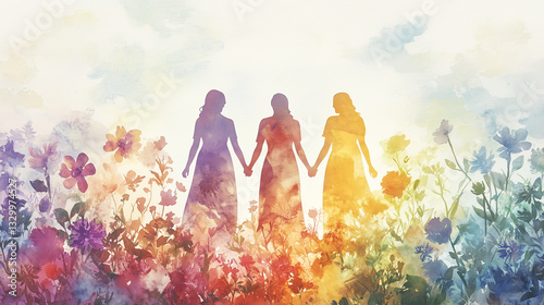 Watercolor illustration of women holding hands, symbolizing generations and unity