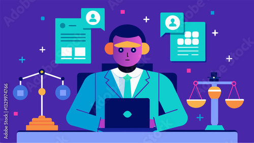 During a criminal trial an AI program analyzes forensic evidence and compares it to vast databases of similar cases to provide insights that could prove critical in proving guilt. Vector illustration