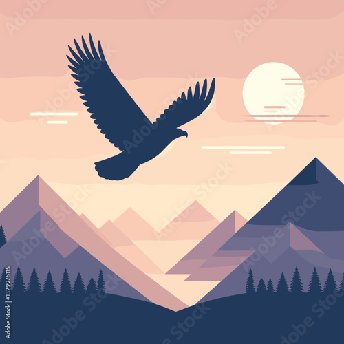 Silhouette of an eagle soaring over mountainous landscape at sunset with a rising sun
