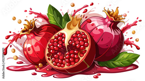 pomegranates in red juice splash with isolated on a white background with clipping path