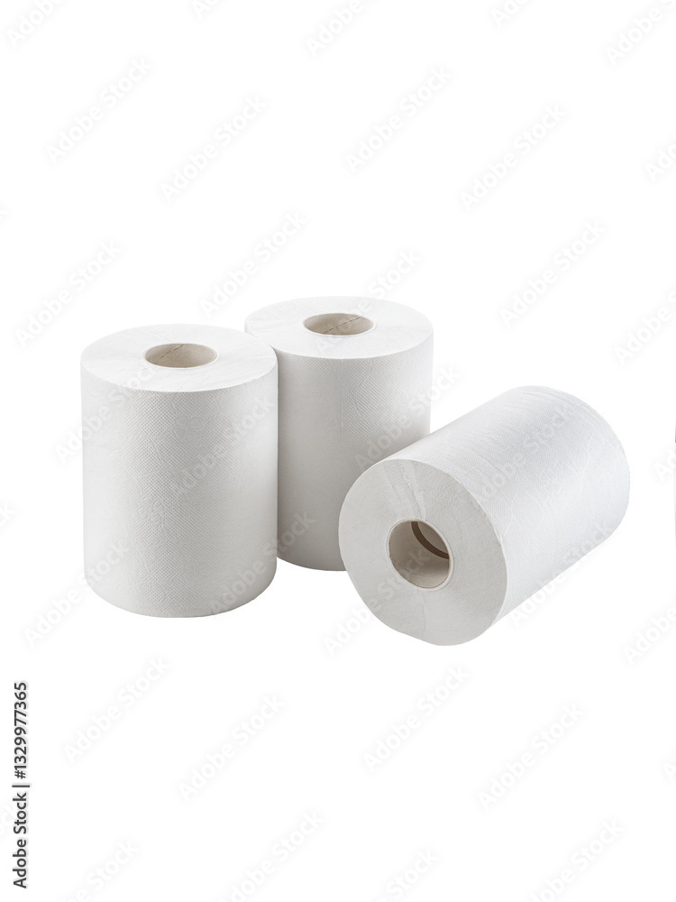 3 rolls of paper towels on a white background. Vertical photo. Front view 3 rolls of paper towels on a white background. Vertical photo. Front view