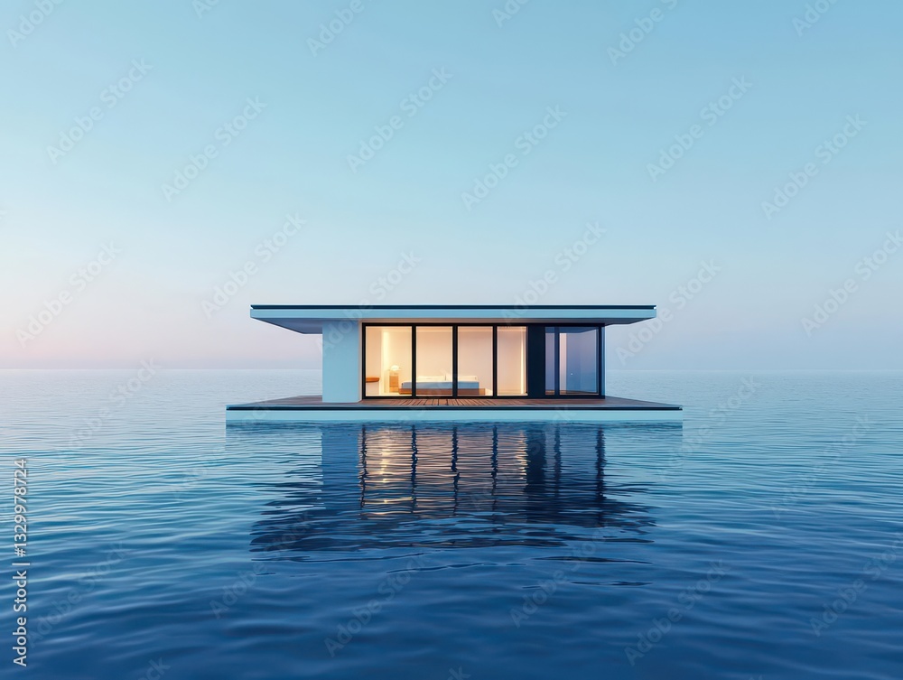 Floating sustainable home concept with sleek design and renewable energy sources, Sustainable Housing, Minimalist innovation Floating sustainable home concept with sleek design and renewable energy sources, Sustainable Housing, Minimalist innovation
