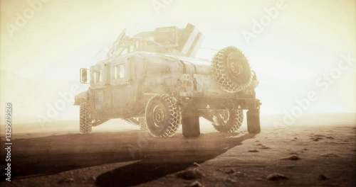 Military vehicle navigating through sandy terrain at sunset