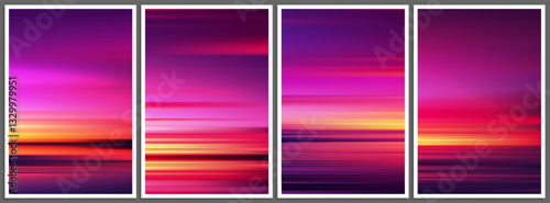 Set of hot summer saturated pink gradient posters in minimal style. Beautiful ocean beach horizon with sunrise or sunset. Trendy design with blurred background for banner, flyer, cover or invitation
