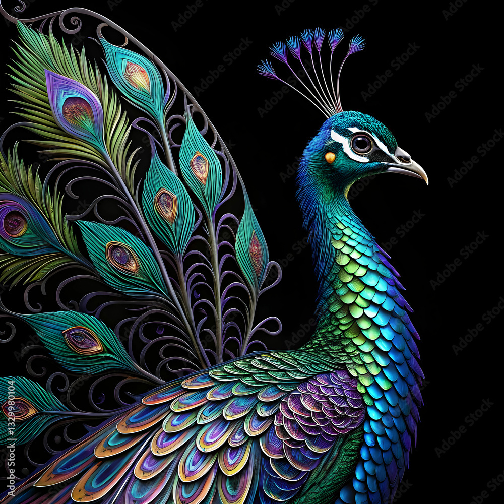 Fototapeta premium multicolor metal peacock with original feathers on
