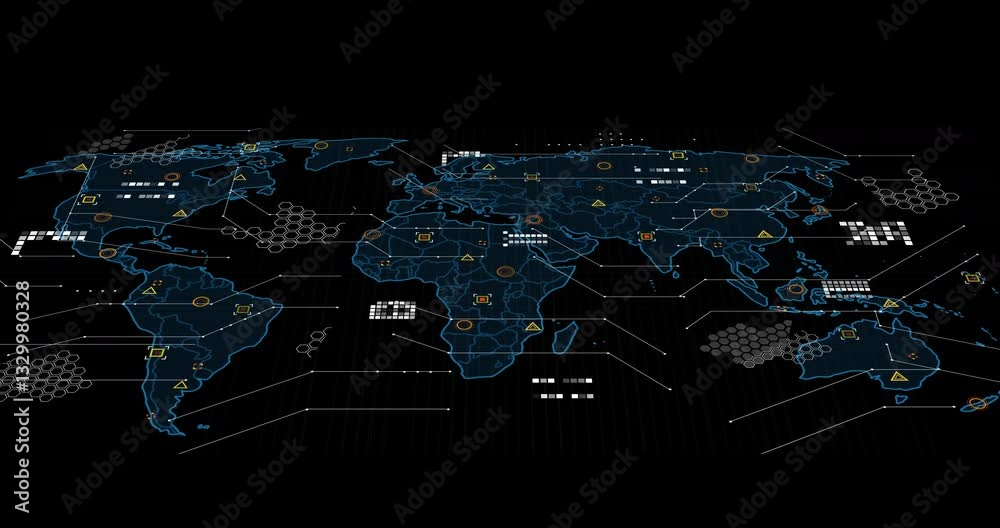 Showing animation of digital world map with data points on black background