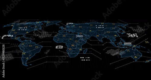Showing animation of digital world map with data points on black background