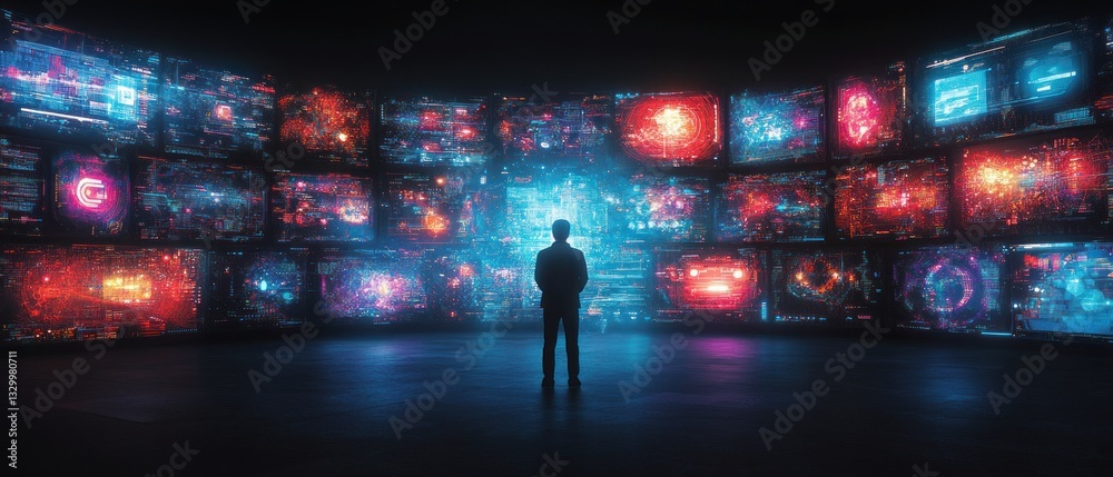Fototapeta premium Surrounded by Data: A Man Contemplates Digital Information Overload