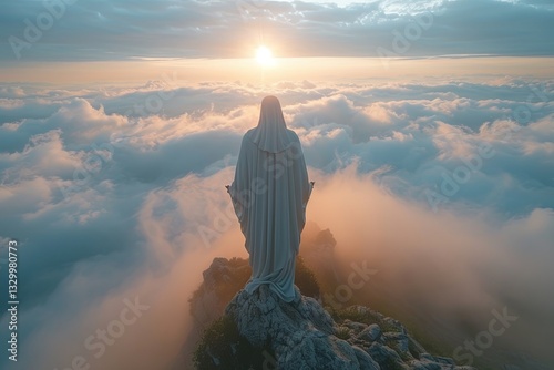 Jesus Christ Standing Above The Clouds At Sunrise