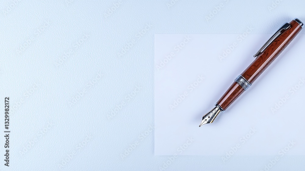 Elegant fountain pen resting on blank white paper against a soft blue background Elegant fountain pen resting on blank white paper against a soft blue background
