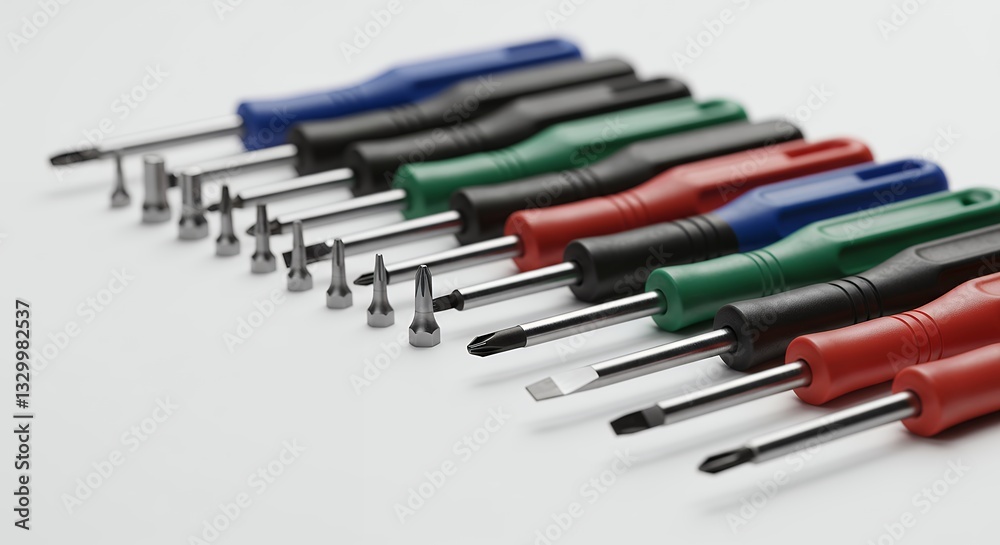 Arrangement of Screwdrivers and Bits with Colorful Handles on White Surface Arrangement of Screwdrivers and Bits with Colorful Handles on White Surface