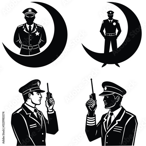 Cartoon illustration of a police officer with a gun and handcuffs wearing a suit and tie, with a retro gangster style character in a business setting