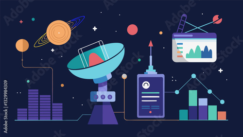 Big data plays a crucial role in analyzing radio telescope data allowing for the detection of faint signals from deep space.. Vector illustration
