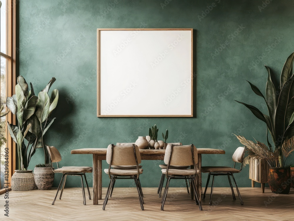 Fototapeta premium Green wall dining room mockup poster plants (1)