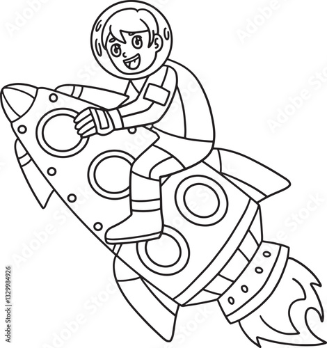 Space Astronaut Riding a Rocket Isolated Coloring 