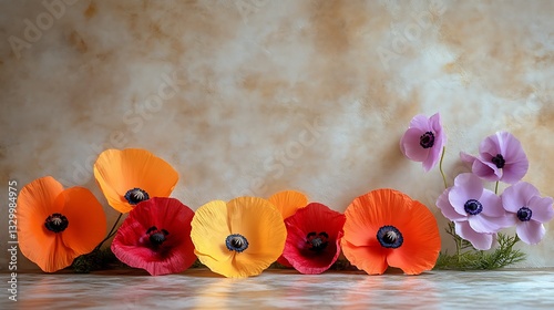 Colorful handcrafted paper flowers arranged in a still life composition