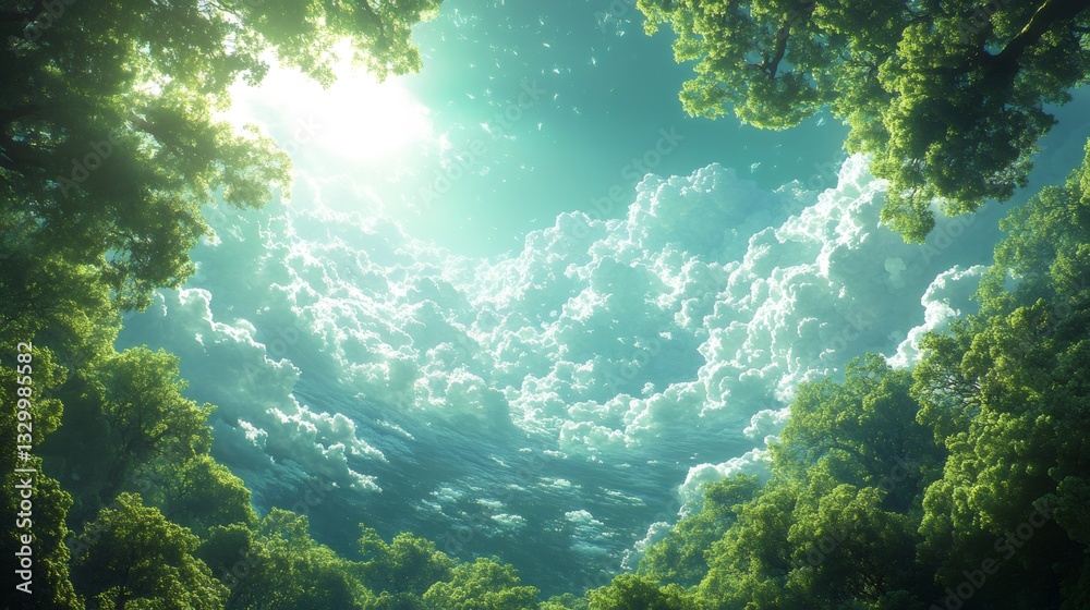 Naklejka premium Sunlight shining through canopy of trees onto beautiful cloudscape
