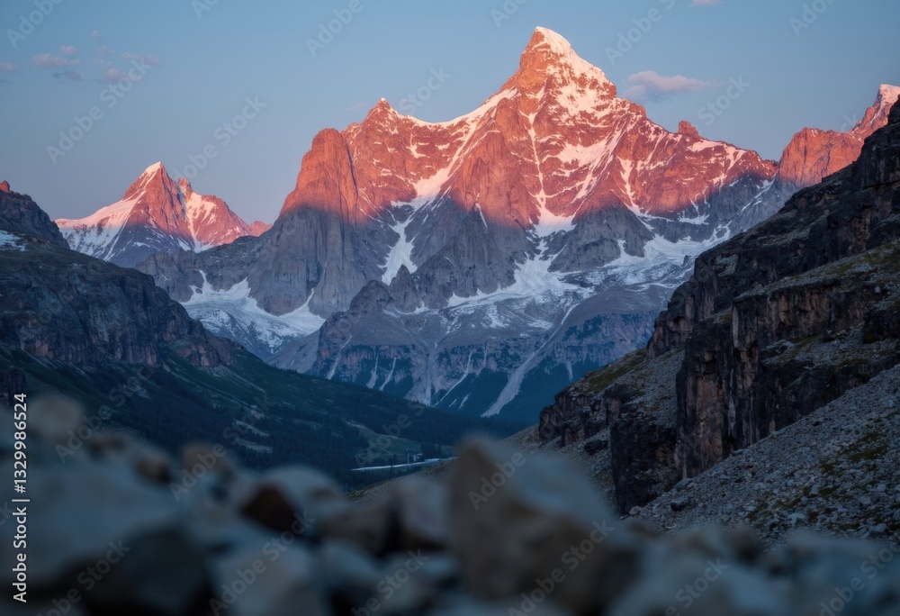Obraz premium Majestic mountain peaks illuminated by the warm glow of sunset