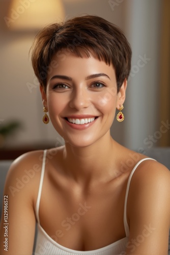 smiling woman with short hair and earrings sitting on a couch Free Download smiling woman with short hair and earrings sitting on a couch - GFXLoad
