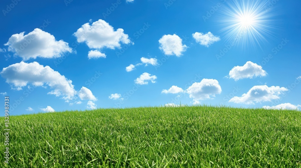 Lush green field under a clear bright blue sky with fluffy white clouds perfect for relaxing outdoor activities Lush green field under a clear bright blue sky with fluffy white clouds perfect for relaxing outdoor activities