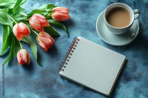 Obraz na płótnie Tulips And Coffee With Notebook On Blue w salonie