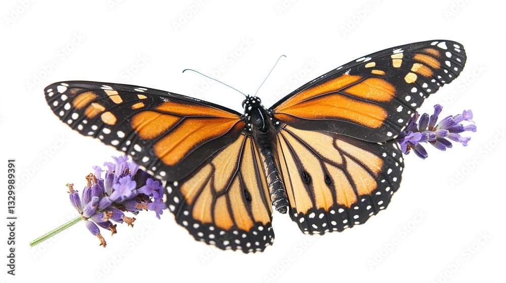 Fototapeta premium Close-Up of Monarch Butterfly Resting on Lavender Flower, Highlighting Intricate Wing Patterns, Vivid Orange and Black Colors, and Delicate Pollen Grains on Petals, Isolated on White Background