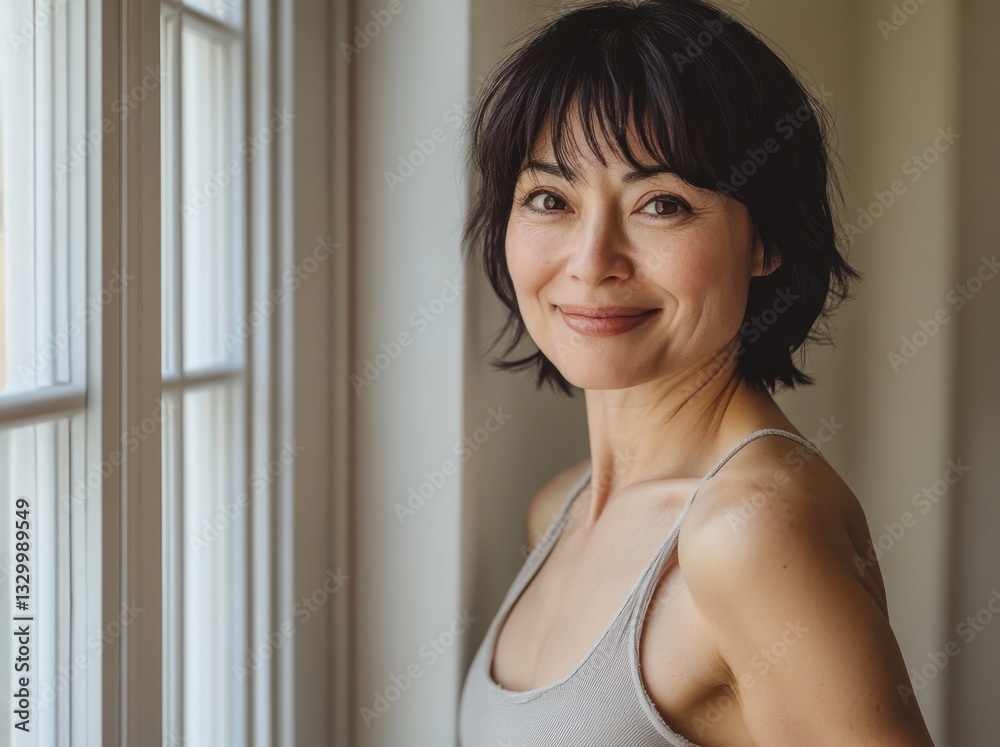 Japanese woman with short hair and bangs smiles at the camera while standing by open window. Japanese woman with short hair and bangs smiles at the camera while standing by open window.