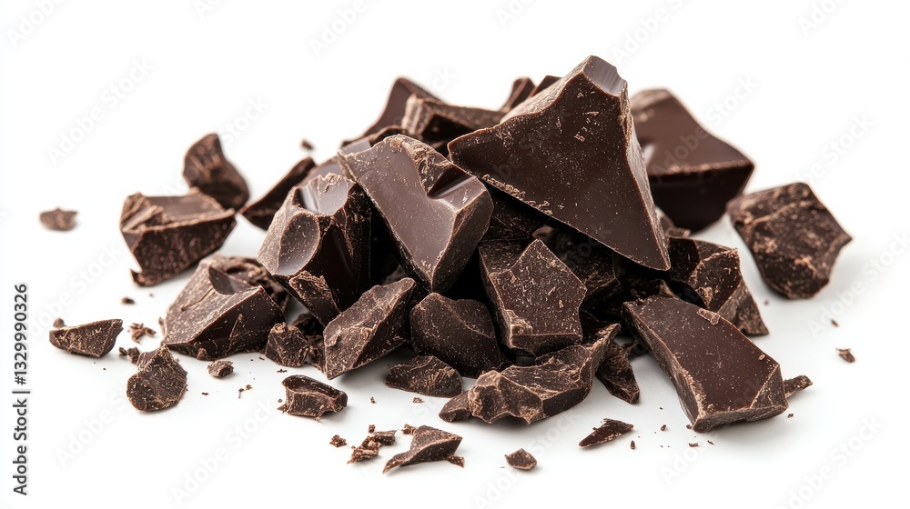 Broken dark chocolate chunks on a white background, perfect for dessert or confectionery concepts.