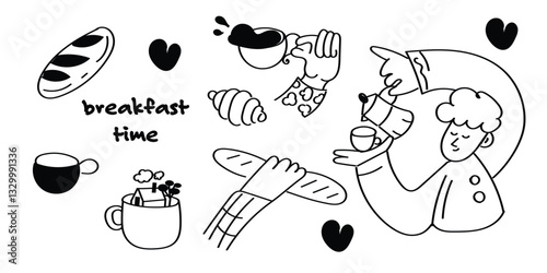 Breakfast Time Illustration Person Relaxing with Coffee and Croissants, Pretzels, Toasts. Great for café menus, packaging, digital or print designs,  social media, and cozy café branding.