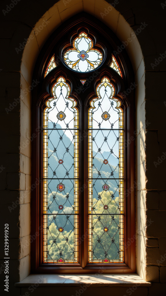 Fototapeta premium Stained glass window with Gothic design elements, showcasing Christian motifs and vibrant colors, set within a stone wall, illuminated by natural light.