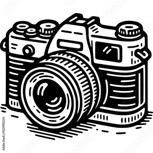 Camera photography equipment illustration featuring vintage style camera with lens for photographic capture and creative expression in black and white design