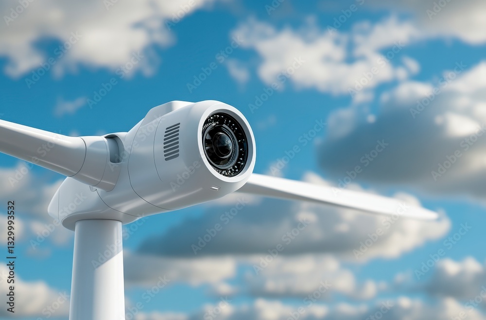 White Wind Turbine Engine Against Blue Sky with Clouds White Wind Turbine Engine Against Blue Sky with Clouds
