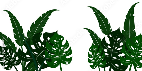 Tropical leaves. Cartoon jungle exotic palm plants and flowers. Banana, philodendron, plumeria, monstera leaf isolated on white background. Floral element