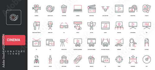 Cinema, video film premiere, movie production, entertainment, actor and actress stars line icon set. Ticket and popcorn of theatre auditorium, critics thin black and red symbols vector illustration