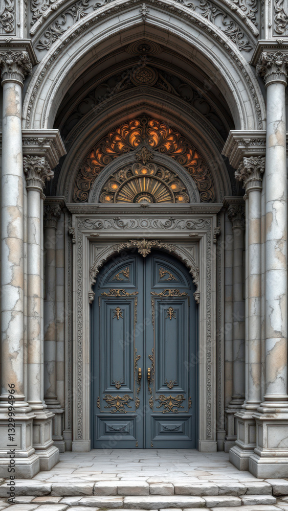 Grand Gothic archway with intricate details over a door. Grand Gothic archway with intricate details over a door.